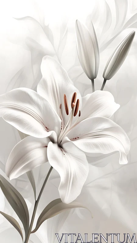 White Lily Bloom with Reddish-Brown Stamen Structure and Elongated Buds