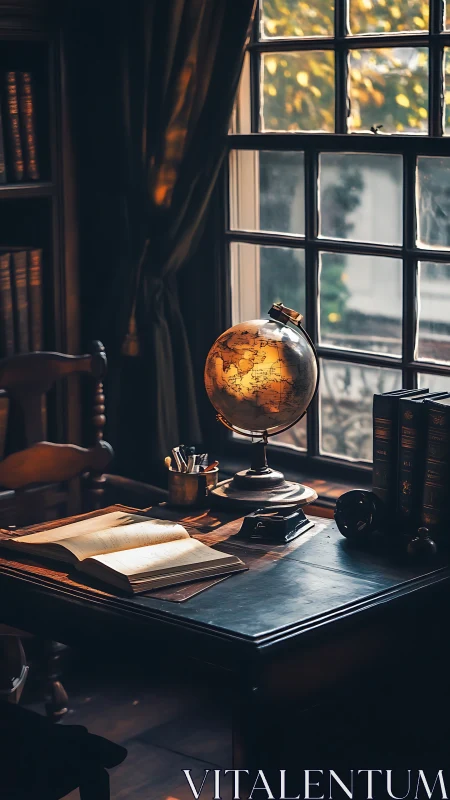 Sunlit study desk with vintage illuminated terrestrial globe.