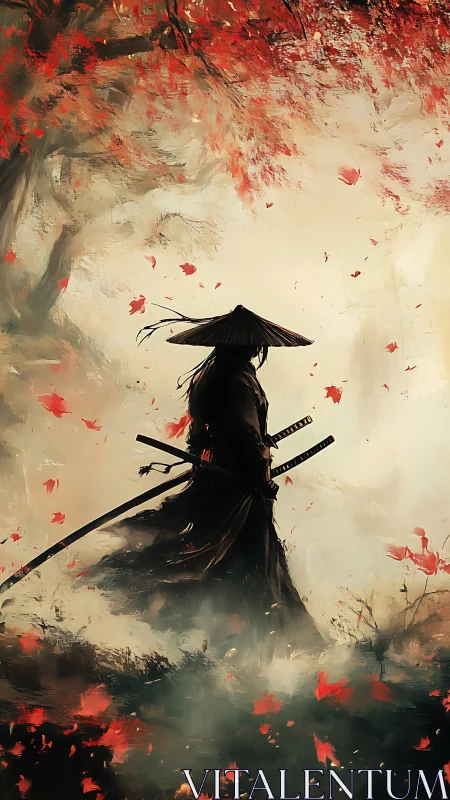 Solitary samurai under red autumn foliage in misty grove.