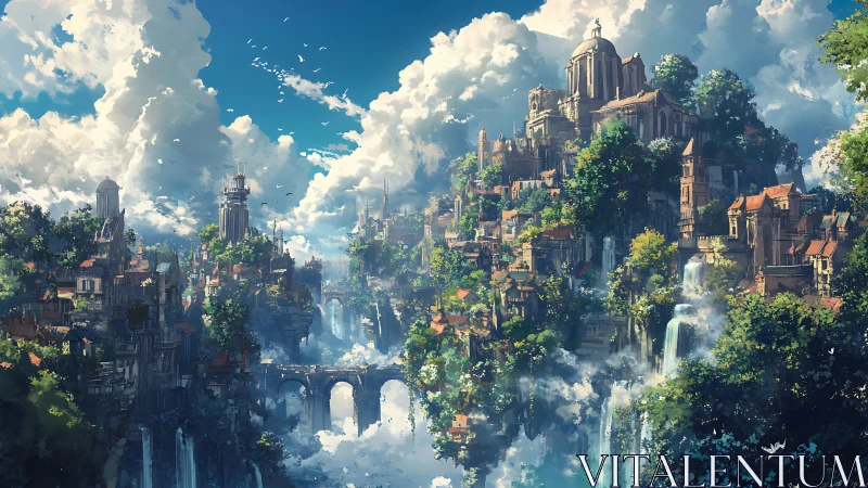 Terraced stone city with waterfalls occupies a mountainous ridge