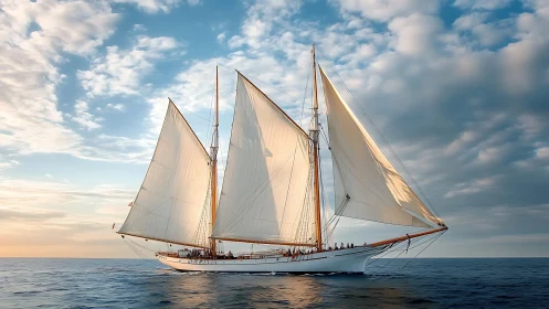 Tall schooner slices evening seas under billowed cream sails