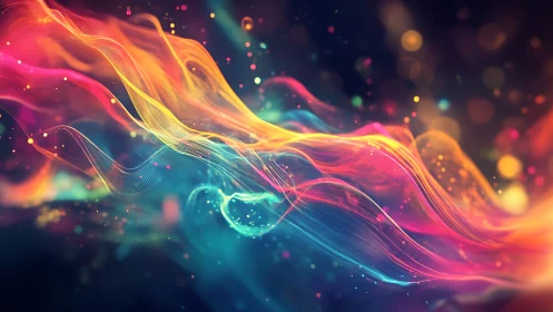 Colorful flowing light waves over dark abstract background.