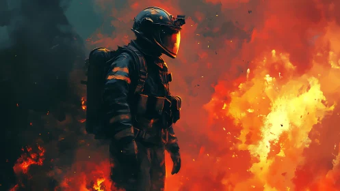 Armored figure silhouette surrounded by explosive fire.