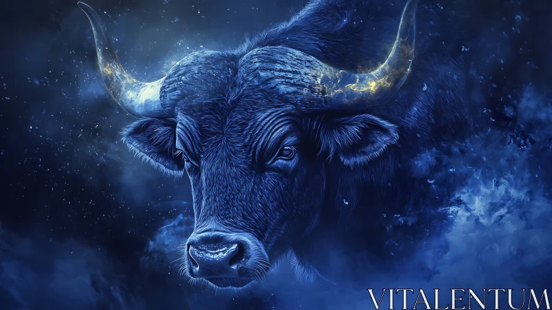 Starlit cosmic bull gazes calmly through deep blue night mist