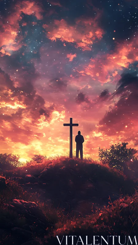 Silhouette beside cross under luminous nebula sky at dusk.