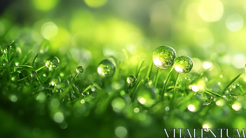 Dawnlit dew orbs sparkling over emerald grass realms.