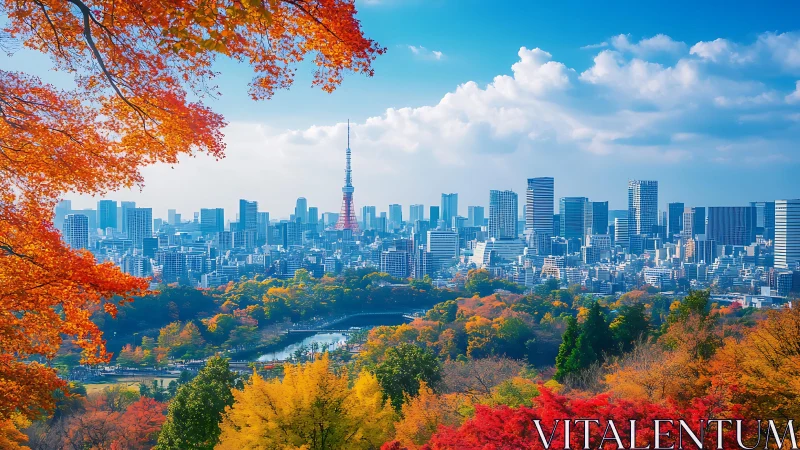 Tokyo skyline glowing above a colorful autumn city park.