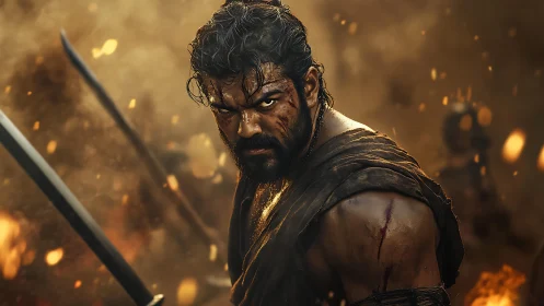 Battle-scarred warrior glaring through molten dusk chaos.