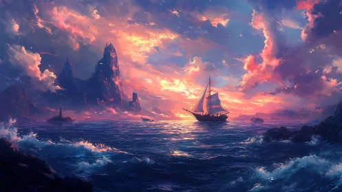 Sailing ship crosses vivid sunset sea beside sharp cliffs.