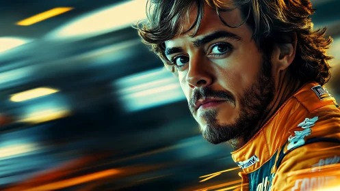 Focused race car driver portrait with motion blur background