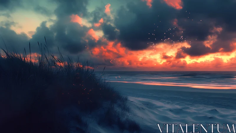 Gentle dunes and glowing sunset along a quiet shore.