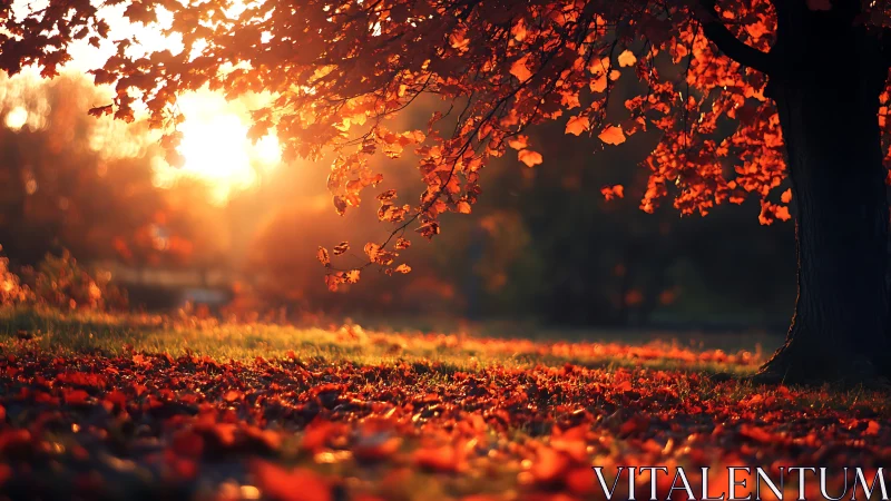 Sunlit autumn tree frames ground covered in fallen leaves