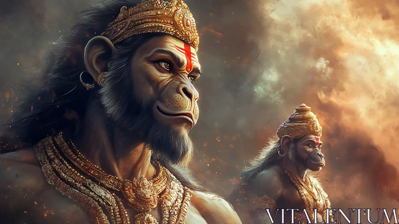 Divine monkey warriors in ornate golden armor stand poised.