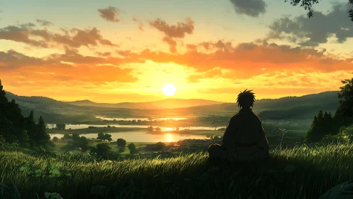 Solitary figure watches a golden sunset over tranquil valley