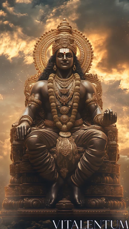 Seated bronze deity sculpture occupies central throne plane