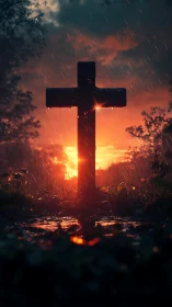 Rainlit graveyard cross blazing against a stormborn sunset.