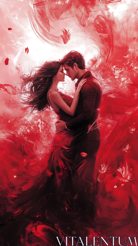 Couple in red ink swirls: portrait study with flowing atmospheric effects