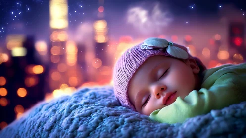 Neon city bokeh framing digitally stylized infant sleep study.