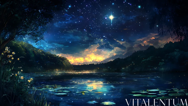 Starlit lake reflects glowing horizon under deep night sky