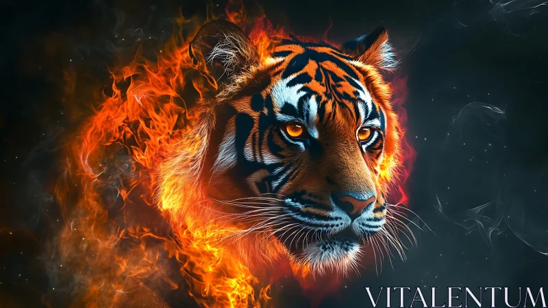 Digital painting of blazing tiger portrait with infernal aura.