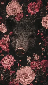 Gentle wild boar resting among romantic pink blossoms.