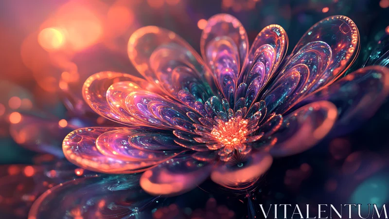 Fractal glass blossom glows with neon bokeh light.