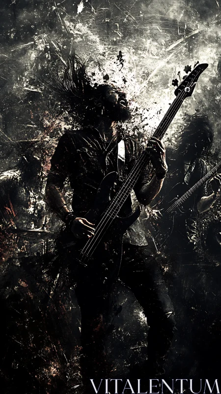 Guitarist silhouette in fragmented abstract concert scene.