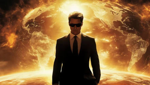 Suit-clad agent dominates blazing digital earth backdrop.
