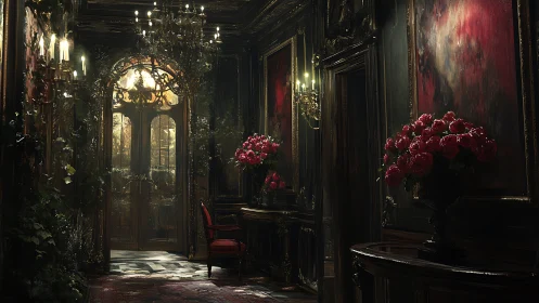 Baroque corridor with gilded doors and crimson florals.