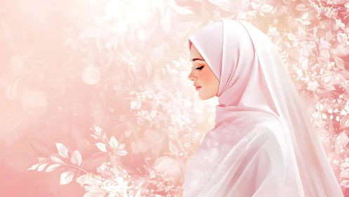 Elegant Woman in Hijab with Floral Pastel Background, Digital Art.