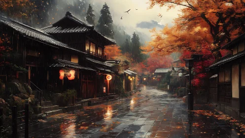 Rainy traditional street shows wet stone path and autumn trees