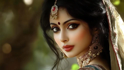 Bridal portrait with jeweled tikka and soft bokeh light.