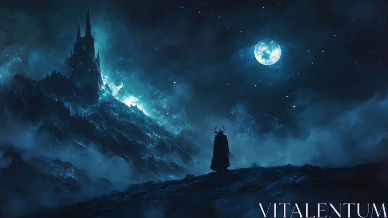 Solitary cloaked figure facing distant spired mountain citadel.