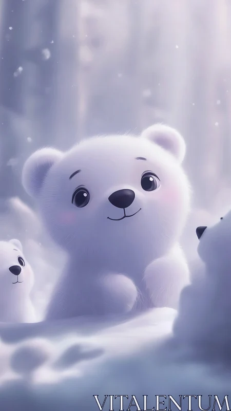Cute baby polar bears stand in soft glowing winter snow