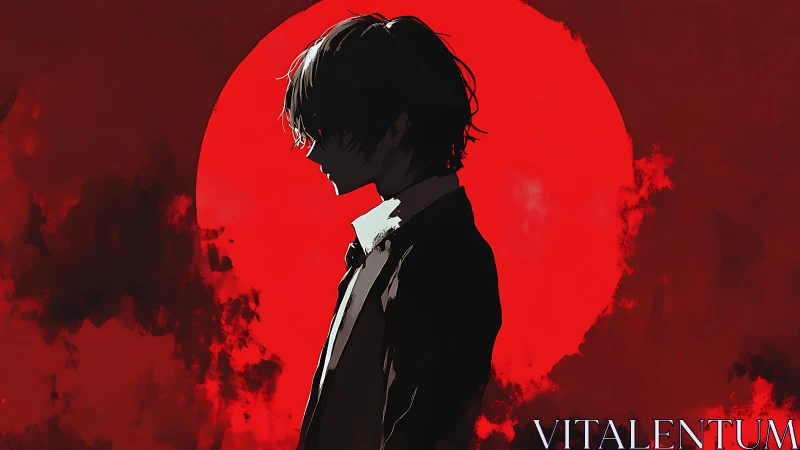 Silhouetted figure stands before large red circular backdrop