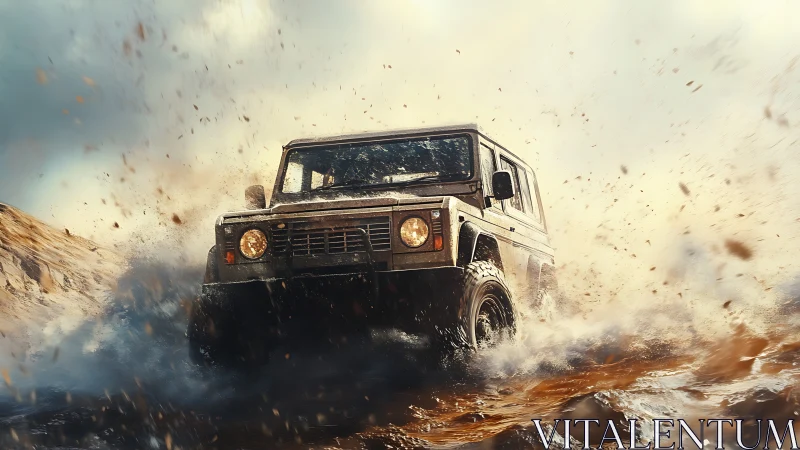 Dynamic 3D off-road SUV charging through mud and spray.