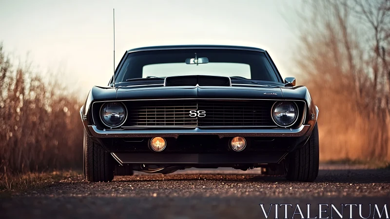 Front view of classic black SS muscle car on rural road.