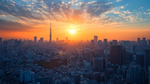 Tokyo urban skyline under radiant orange-blue sunrise light