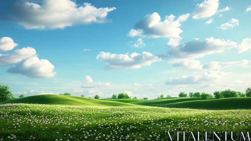 Sunlit wildflower meadow under rolling green hills and clouds.