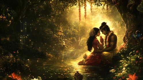 Two souls entwined in golden light beneath celestial blooms.