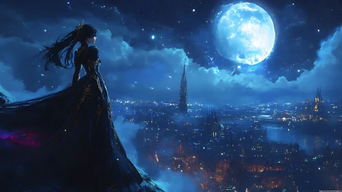 Lone dark-clad figure overlooking luminous moonlit cityscape