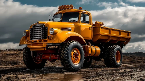 Golden titan dump truck roars across storm-lit worksite.