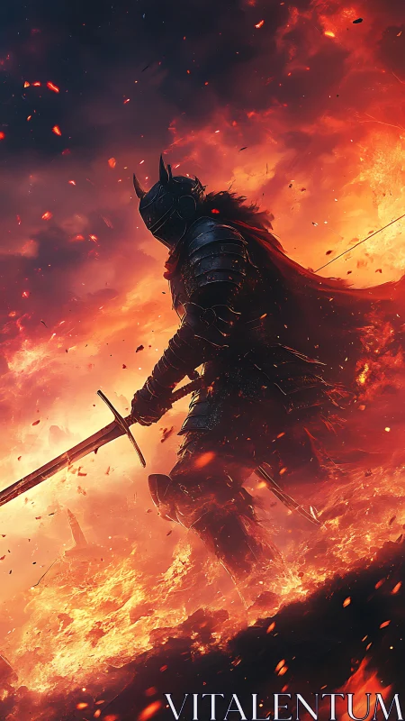 Armored dark knight strides through blazing battlefield fire.