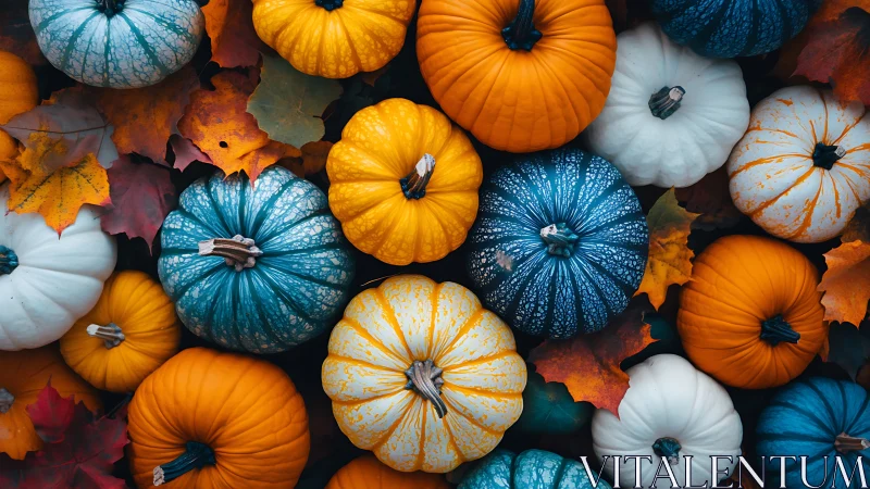 Colorful pumpkins arranged over scattered autumn leaves.