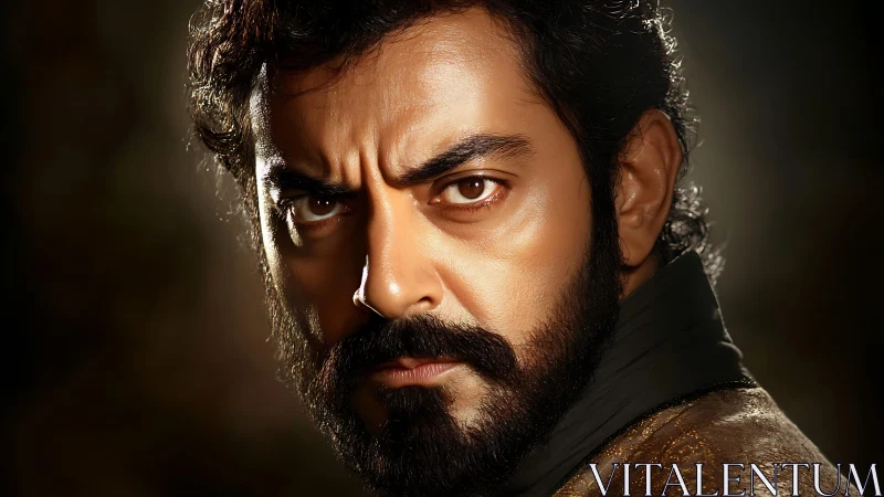 Intense bearded man stares forward under dramatic warm light