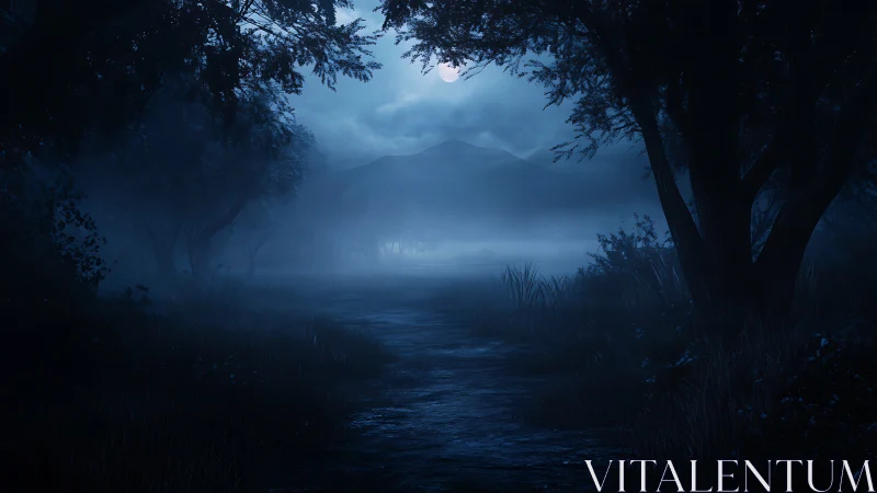 Moonlit fog path where midnight whispers learn to wander.