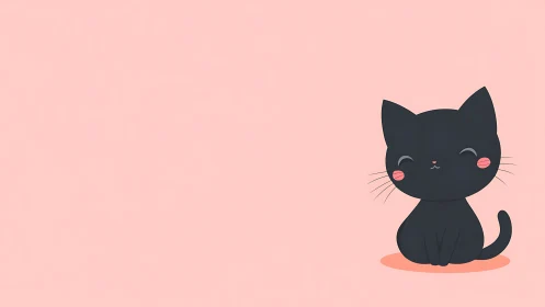 Cute Black Cat Sitting on Pink Background.