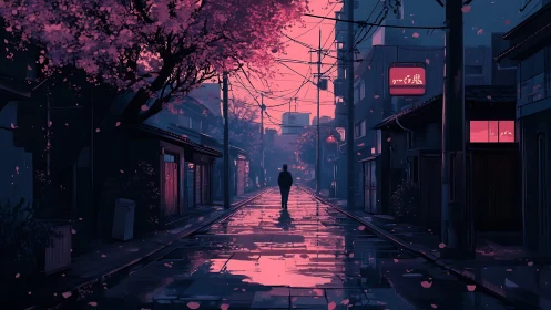 Solitary figure on wet urban street under cherry blossoms.