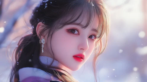 Winter portrait of luminous girl in soft anime rendering.