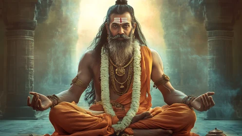 Meditating sage in temple hall under dramatic golden light